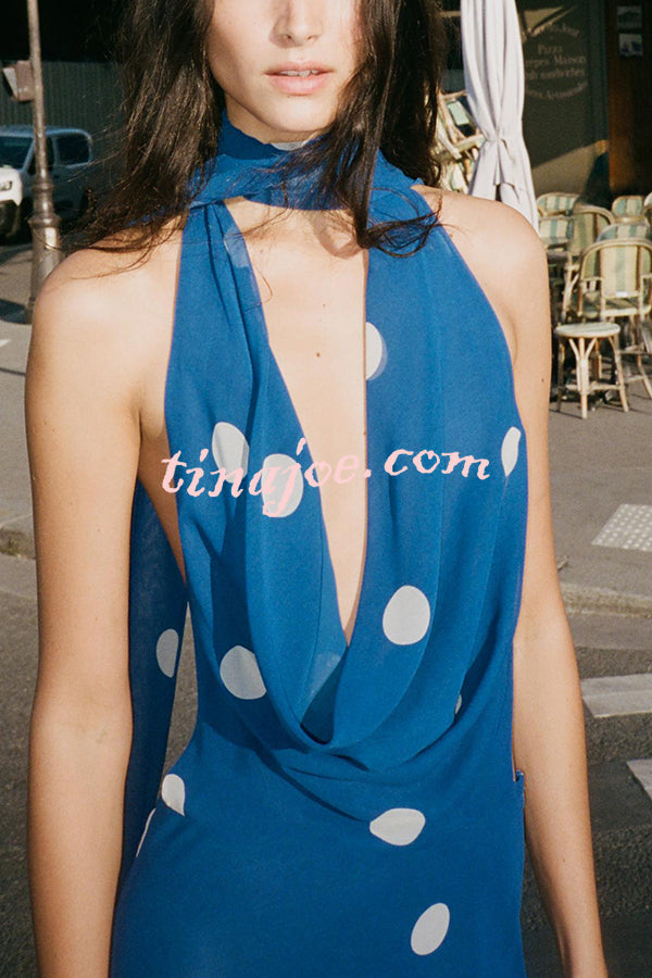 Fashion Polka Dot Print Sexy Halter Neck Backless Maxi Dress