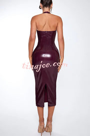 Fantasy Silhouette Shiny Faux Leather Halter Neck Stretch Midi Dress