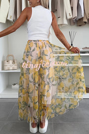 Summer Lemon Print Elastic Waist Tulle Holiday Midi Skirt