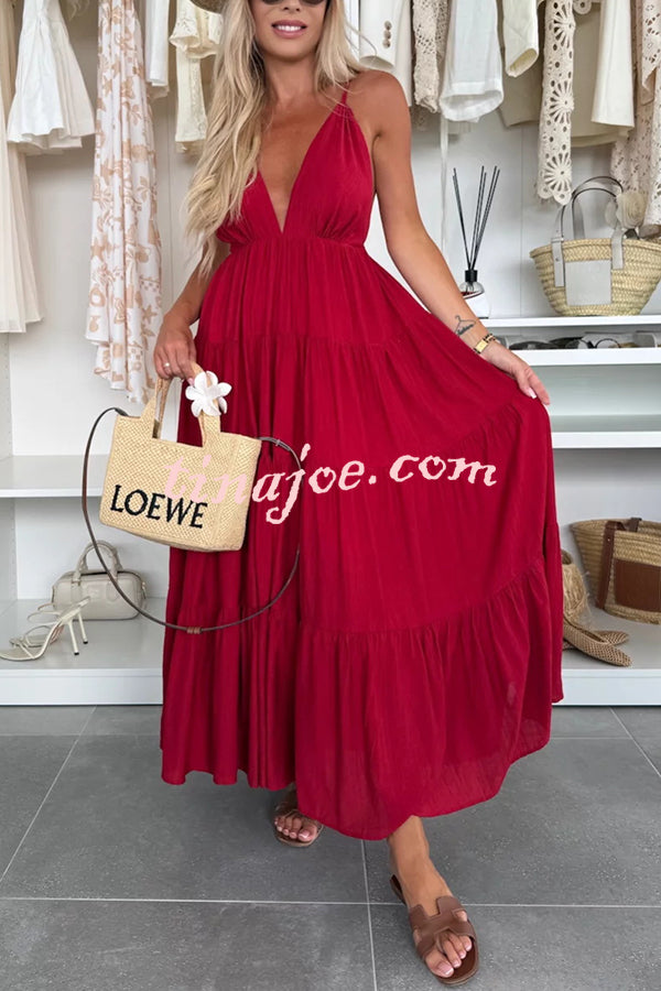Bohemian Style V-neck Backless Slip Layered Vacation Maxi Dress