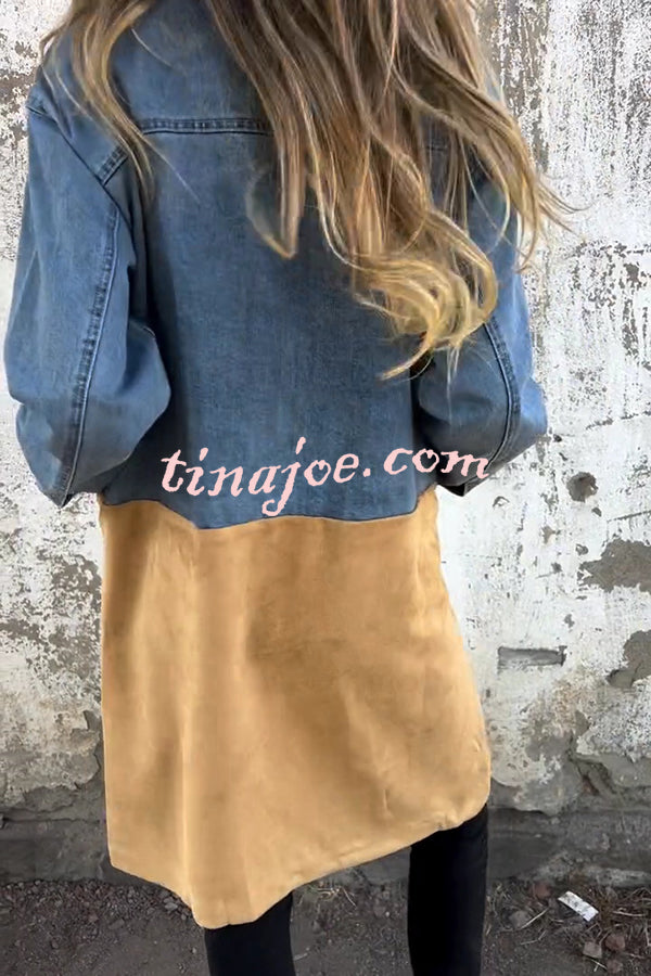 Fashion Lapel Long Sleeve Pocket Mid-length Denim Patchwork Jacket