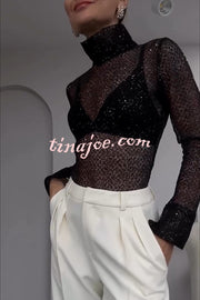 Shimmering Twilight Sequin Turtleneck Long Slit Sleeve H-line Blouse