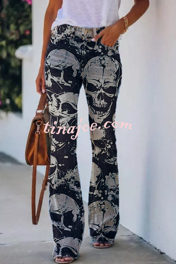 On A Drive Printed Faux Denim High Rise Flare Pants