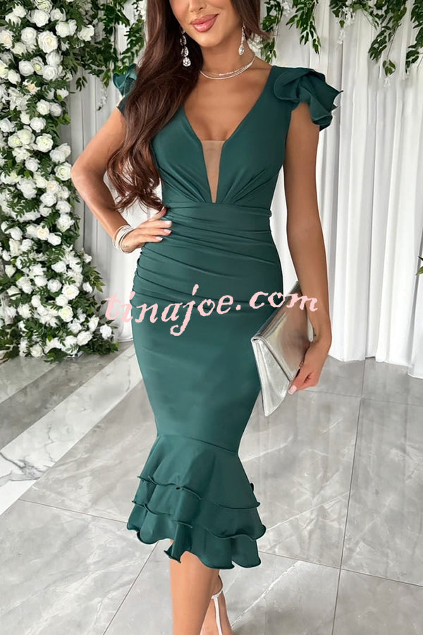Gala Ready Tiered Ruffle Detail Ruched Formal Midi Dress