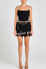 Timeless Exquisite Tweed Fabric Metal Coin Chain Detail Slip Mini Dress