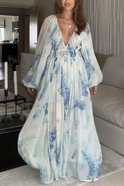 Headed To The Ocean Chiffon Floral Drawstring Waist Maxi Dresses