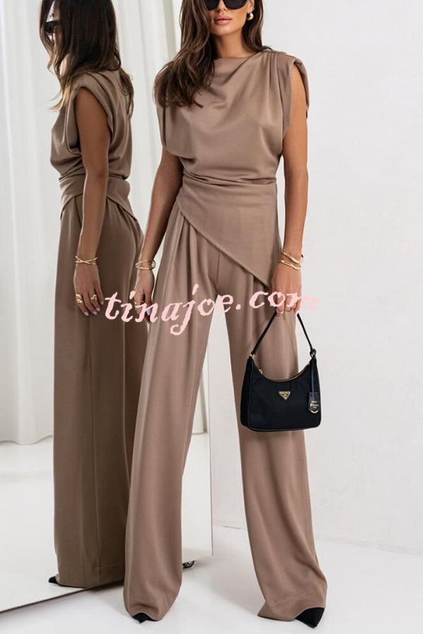 Jordy Ruched Shoulder Slit Top and Elastic Waist Pocketed Wide Leg Pants Set