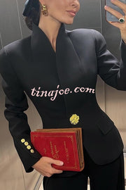 Classic Luxury Unique Metal Button Stand Collar Long Sleeve Blazer