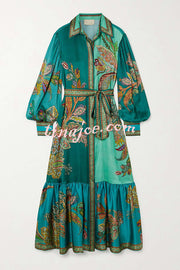 Resort Style satin Unique Printed Lapel Lantern Sleeve Lace-up Midi Dress