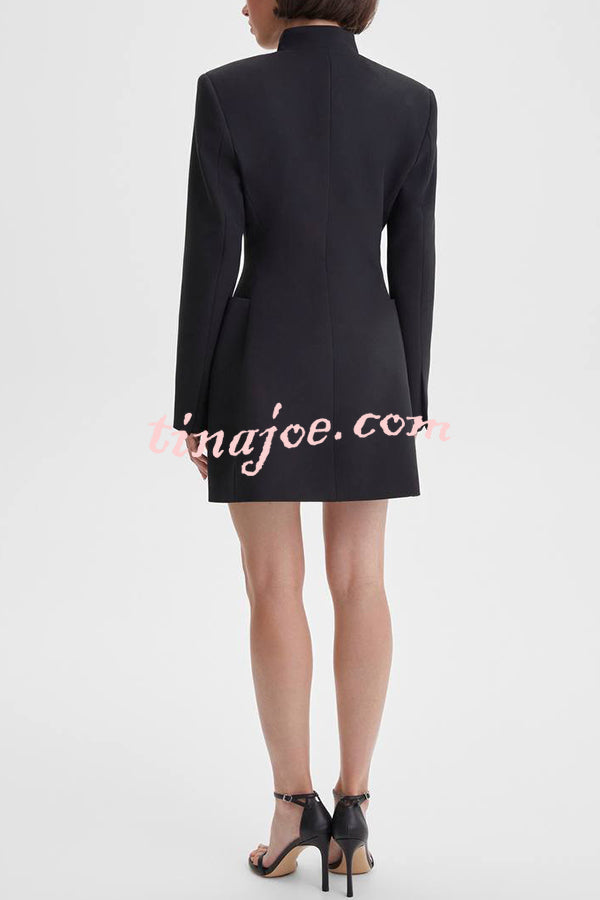 Kayleen Stand V-neck Decorative Metal Button Long Sleeve Pocket Blazer Mini Dress