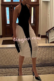 Daija Contrast Color Halter Neck Backless Side Ruched Drape Midi Dress