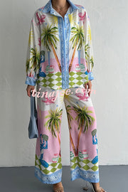 Holiday Style Print Loose Long Sleeve Shirt and Elastic Waist Loose Pocket Wide Leg Pants Set