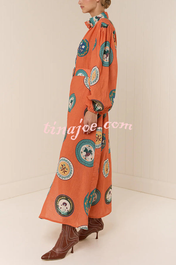 Linen Blend Unique Print Belted Single-breasted Casual Maxi Dress