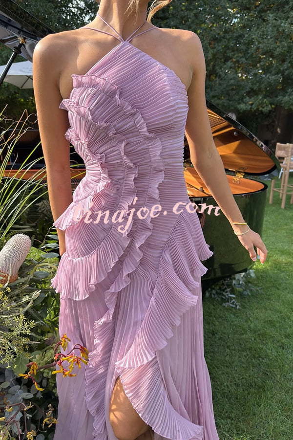 Dream Ode Lily Pad Style Pleats and Ruffles Halter Gown Maxi Dress