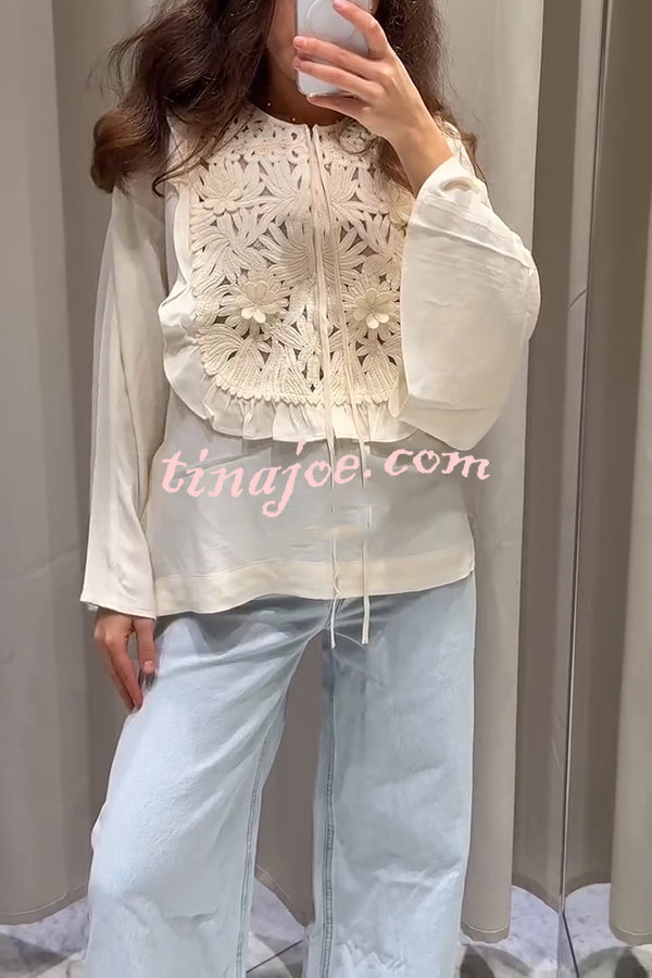 Fashionable Round Neck Tie Hollow Stitching Casual Shirt