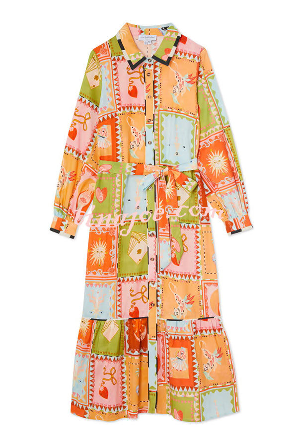 Linen Blend Unique Printed Long Sleeve Lapel Tie-waist Midi Dress