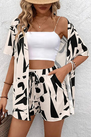 Unique Print Vacation Short-sleeved Cardigan Top and Elastic Waist Pocket Shorts Set