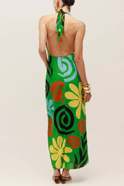 Solana Linen Blend Contrast Color Spiral Hardware Cutout Halter Maxi Dress