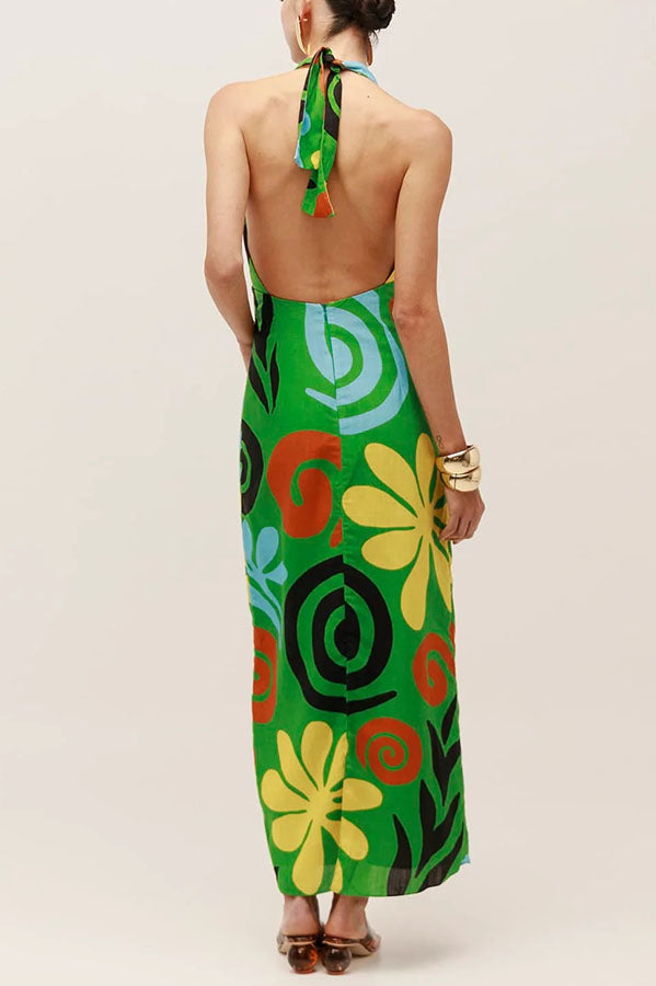 Solana Linen Blend Contrast Color Spiral Hardware Cutout Halter Maxi Dress