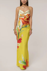 Luisa Satin Floral Print Cowl Neck Sexy Open Back Tie-up Maxi Dress