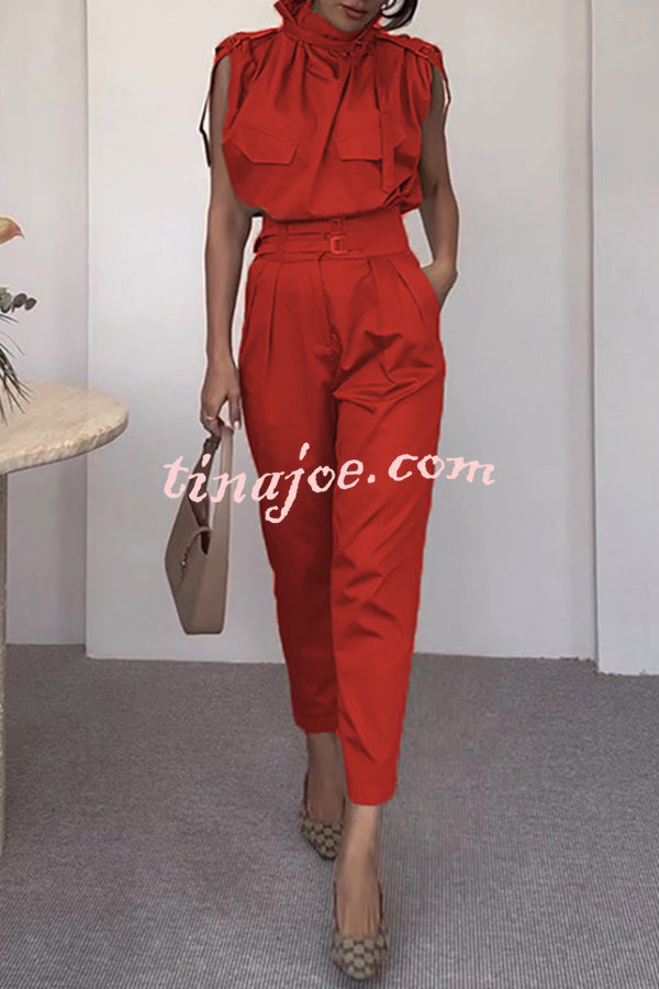 Statement Breast Pocket High Neck Top and Side Pocket Belt Long Pant Set