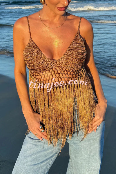 Malu Crochet Knit Hollow Out Tassle Trim Back Tie-up Cover-up Tank