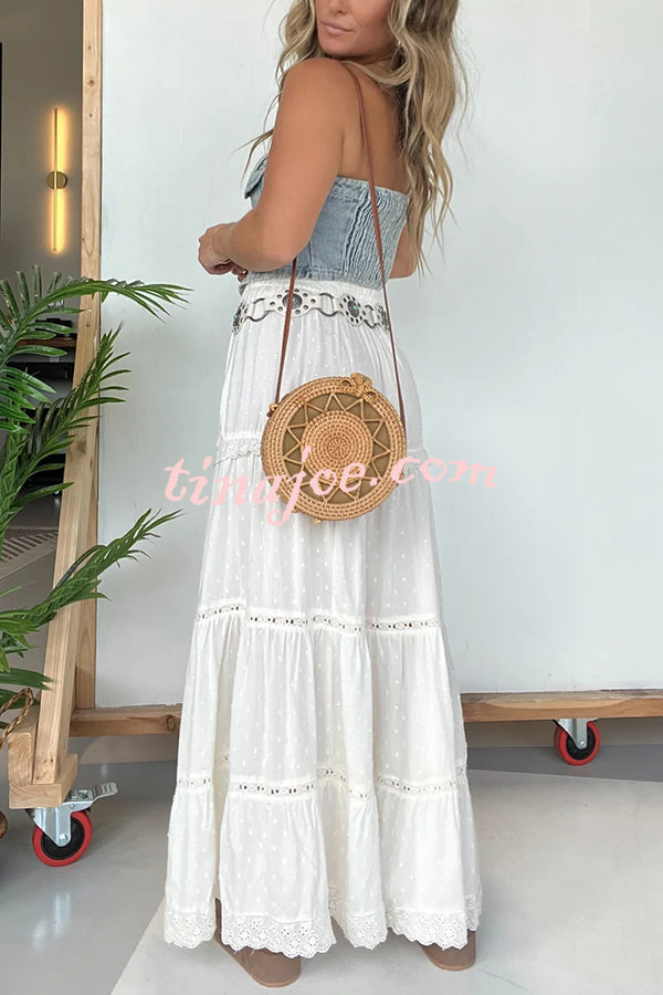 Fashion Lace Splicing Elastic Waist Loose High Slit Maxi Skirt