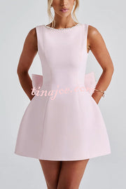 Stylish Pearl-embellished Large Bow Slim-fit Mini Dress