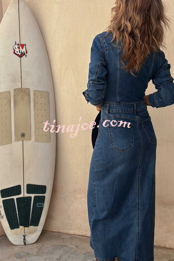 Tessy Denim Metal Button Zipper Shirt Stretch Pencil Slit Midi Dress