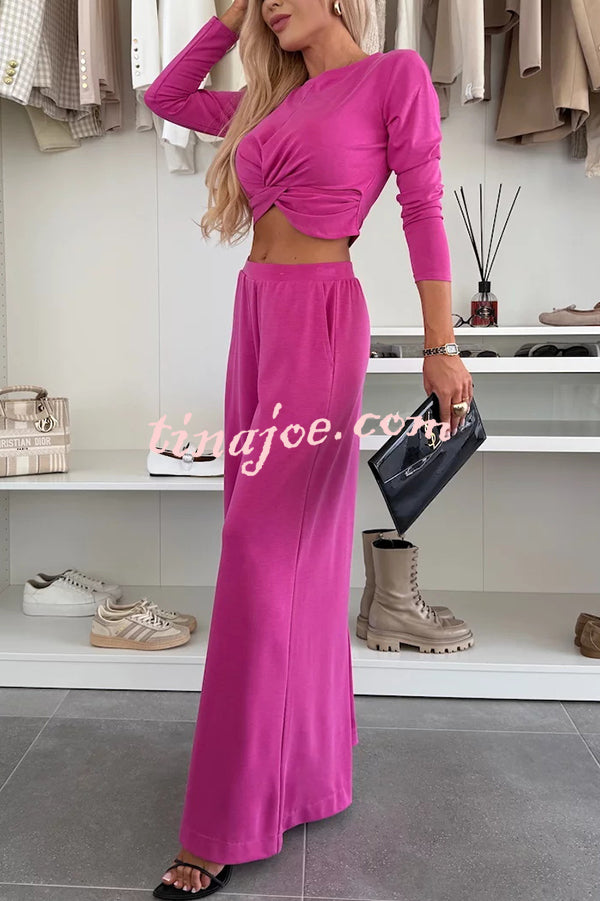 Solid Color Round Neck Long Sleeve Twist Crop Top and Elastic Waist Pocket Wide Leg Pants Set