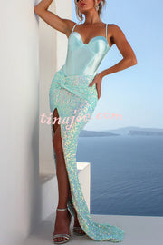 All about Glam Satin Corset Sequin Twist High Leg Split Maxi Dress