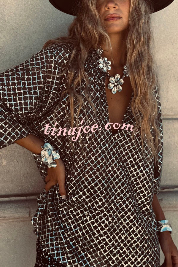 All about Glam Collar Sequin V-neck Half Sleeve Loose Top