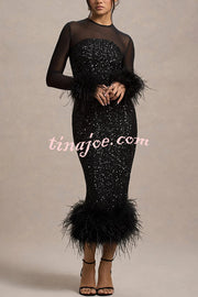 Glamor and Drama Mesh Sequin Patchwork Feather Trim Stretch Midi Dress