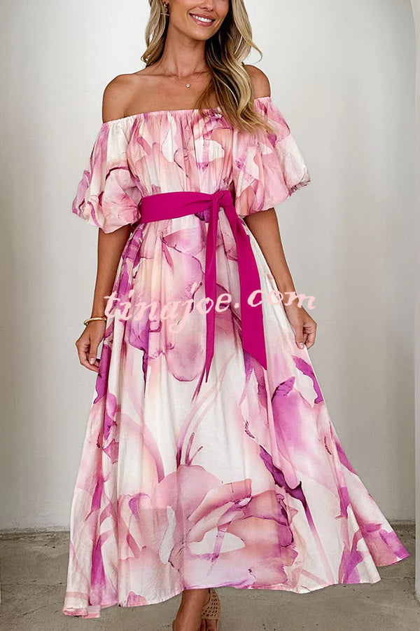 Floral Print Elegant Puff Sleeve Tie-Waist Midi Dress