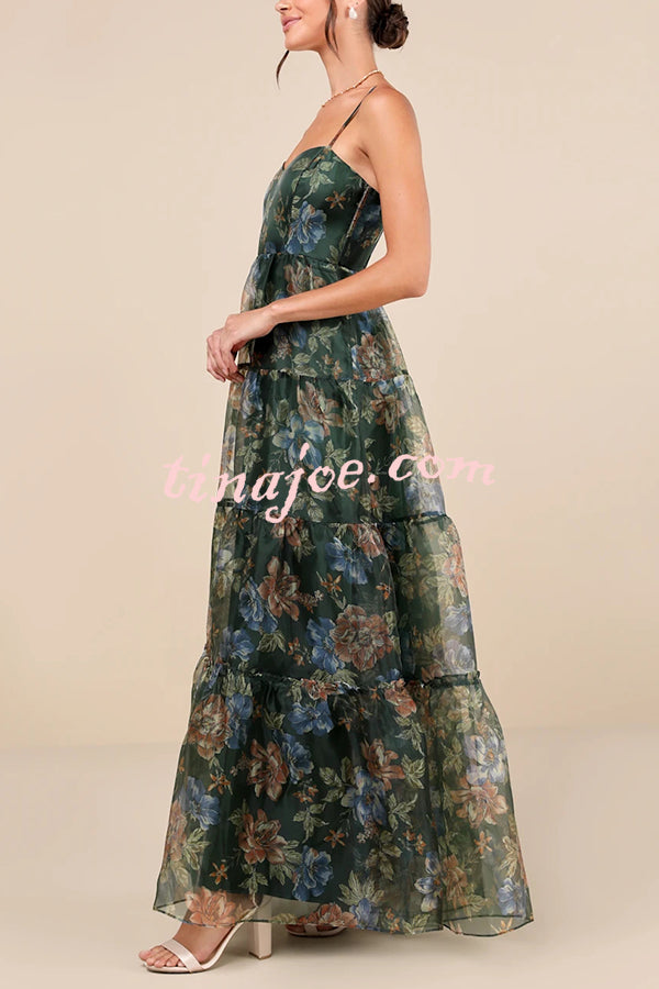 Exclusive Glamour Organza Floral Print Tiered Slip Maxi Dress