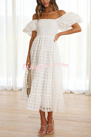 Solid Color Off-shoulder Lantern Sleeve Patchwork Midi Dress