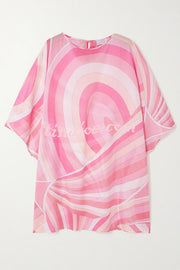 1970s Inspired Chiffon Unique Print Half Sleeve Kaftan Loose Mini Dress