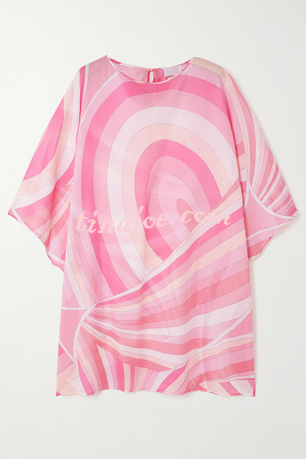 1970s Inspired Chiffon Unique Print Half Sleeve Kaftan Loose Mini Dress