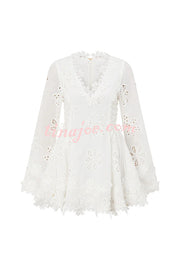 Diaz Embroidery Hollow Fabric Delicate Flower Trim Long Sleeve Side Lace-up Mini Dress
