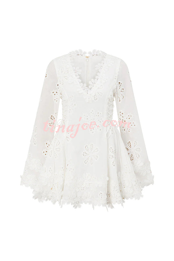 Diaz Embroidery Hollow Fabric Delicate Flower Trim Long Sleeve Side Lace-up Mini Dress
