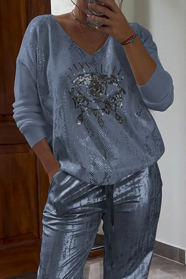 Three-dimensional Eye V-neck Long-sleeved Hot Stamping Top