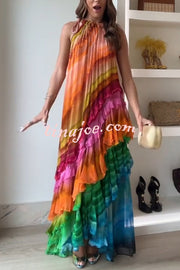 Rosha Georgette Crepe Tie-dye Print Layered Ruffles A-line Maxi Dress