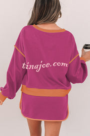 Fashion Round Neck Long Sleeve Spliced Casual Top and Elastic Waist Loose Shorts Set