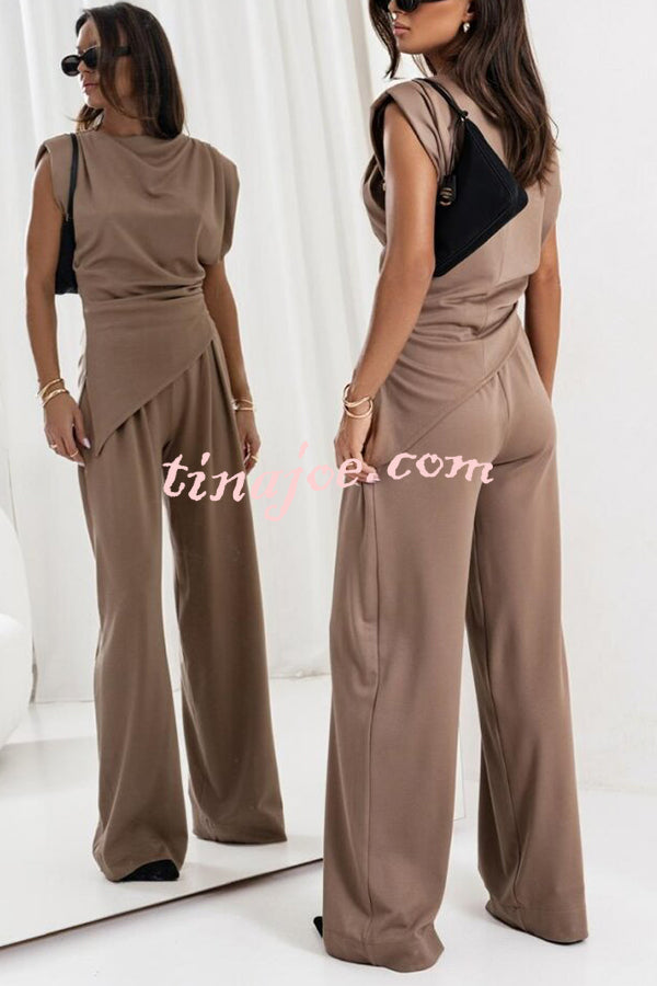 Jordy Ruched Shoulder Slit Top and Elastic Waist Pocketed Wide Leg Pants Set