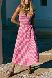 Striped Print V-Neck Lace-Up Backless Holiday Midi Dress