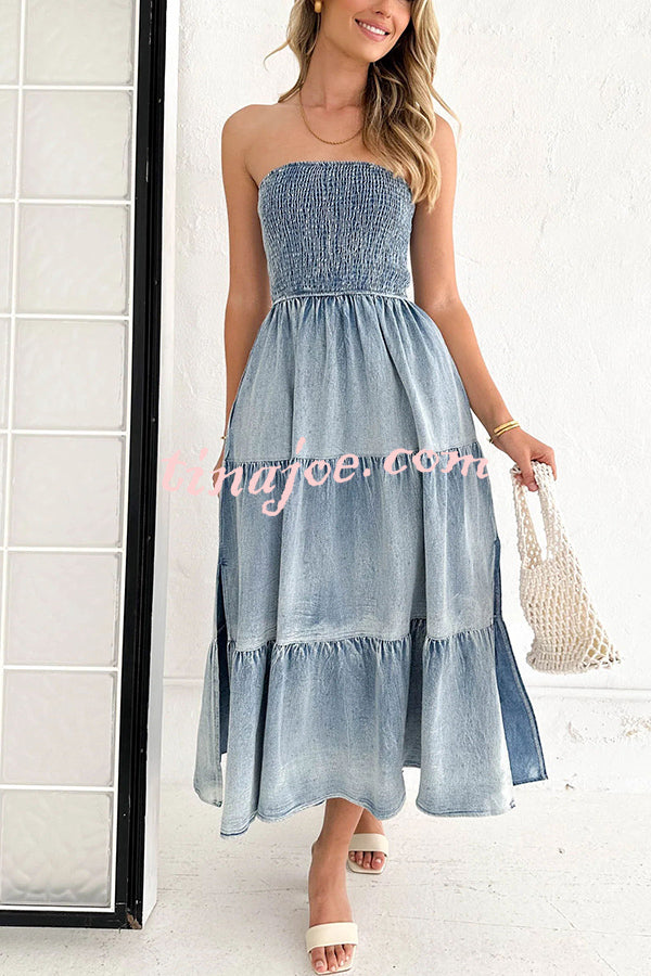 Asmn Off Shoulder Pleated Pocket Paneled Denim Maxi Dress