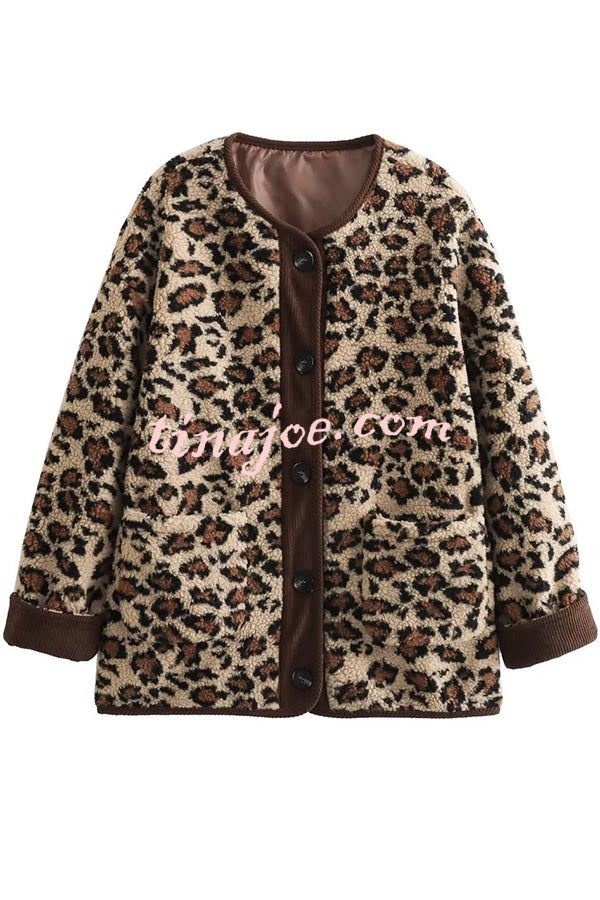 Warm Feel Colorblock Leopard Print Plush Button Up Pocketed Teddy Jacket