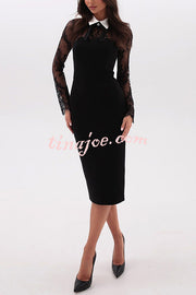 Aliya Lace Detachable Bow Collar Long Sleeve Stretch Midi Dress