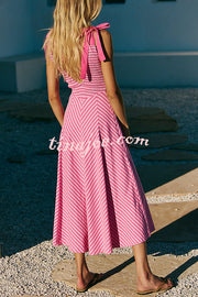 Striped Print V-Neck Lace-Up Backless Holiday Midi Dress