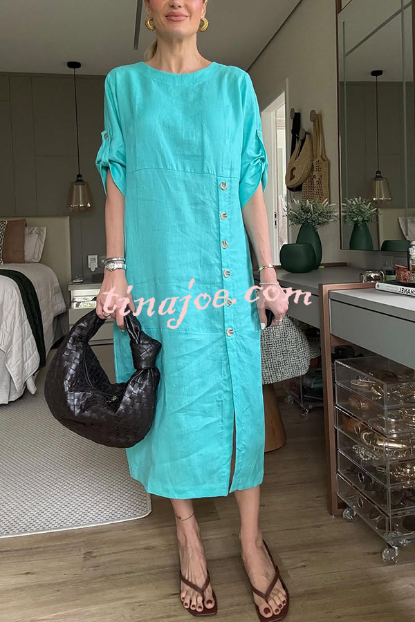 Ultra-comfortable Linen Blend Half Sleeve Front Button Detail Relaxed Pocket Midi Dress